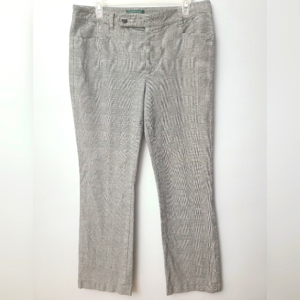 Polo Ralph Lauren Womens Black Gray Plaid Linen Tweed Straight Leg  Pants 12.